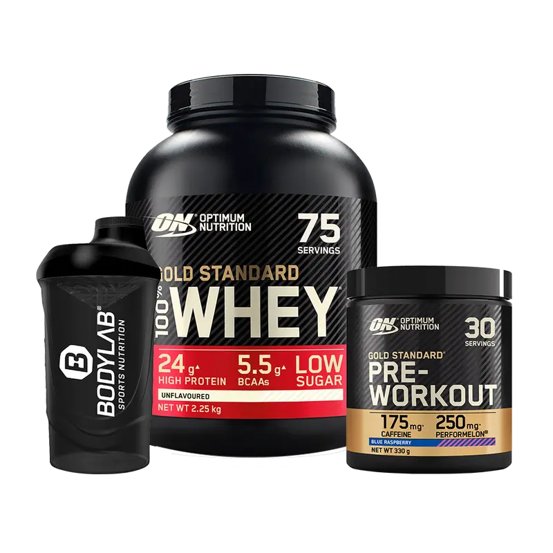 100% Whey Gold Standard (2270g) + Gold Standard Pre-Workout (330g) + Bodylab24 Shaker GRATIS!