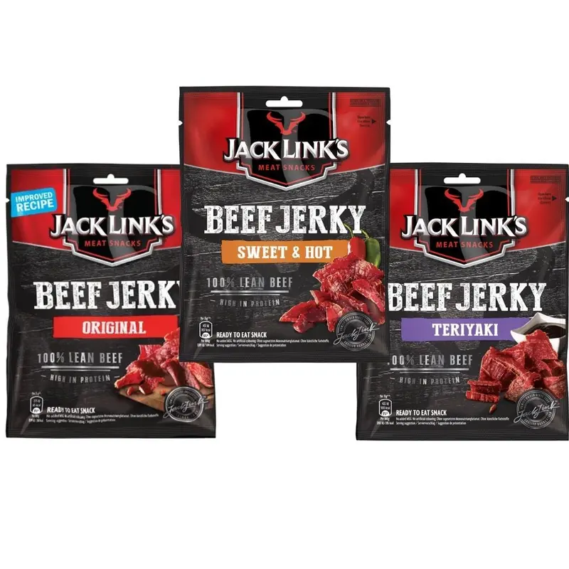 3 Jack Links, drei Packungen Trockenfleisch in verschiedenen Geschmacksrichtungen à 25g