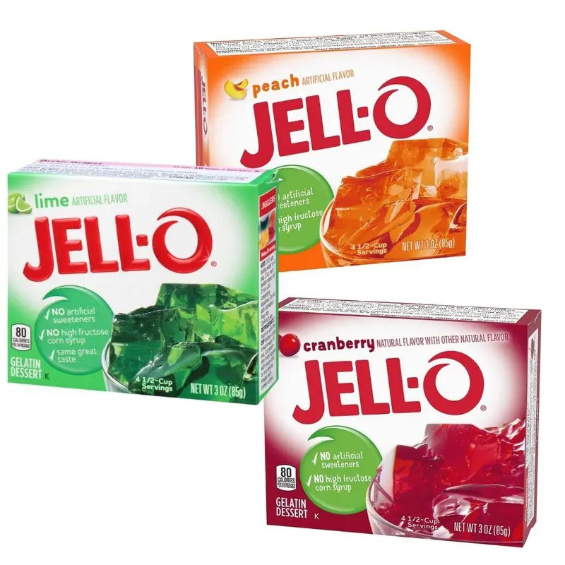 3 Jell-O, 3 Packungen mit 85g süßem Gelatine-Dessert in verschiedenen Geschmacksrichtungen