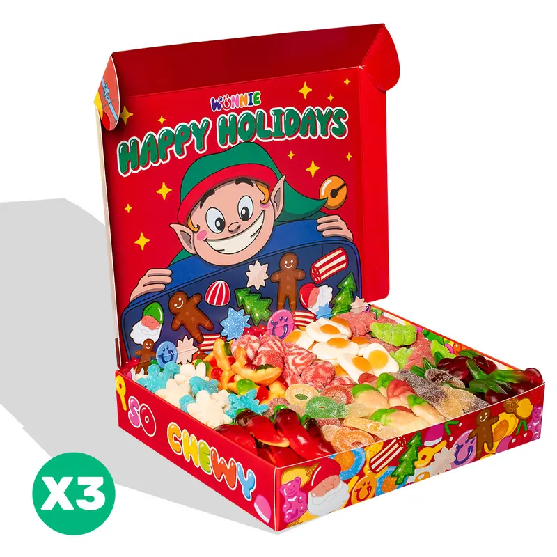3x Wunnie box “Frohe Feiertage”, 3 Schachteln Gummibonbons, die du mit deinen Lieblingsgeschmäckern zusammenstellen kannst