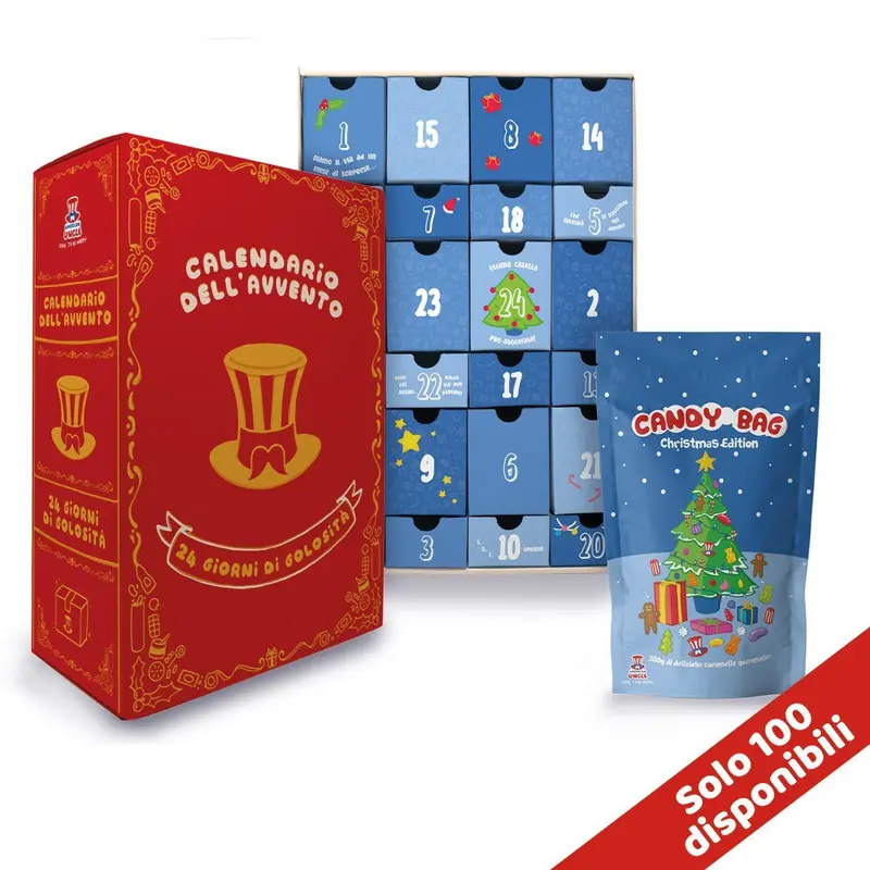 Adventskalender + Candy Bag, Box mit +24 snack süßen und salzigen Überraschungen und Candy Bag mit Gummibonbons