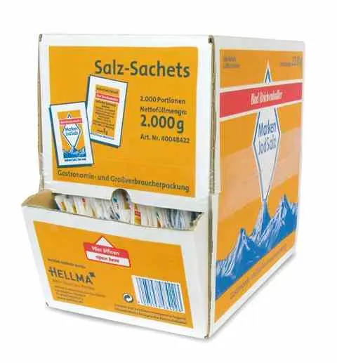 Bad Reichenhaller Alpen-Jod-Salz 2000 Stk. je 1 g - 2 kg Vorrats-Box - Salztütchen einzeln verpackt, für Cafés und Gastronomie