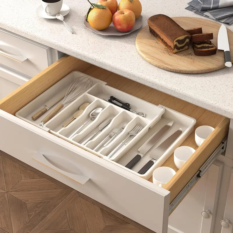 Besteckkasten Besteckeinsatz Schubladen aus Kunststoff, verstellbar, weiß