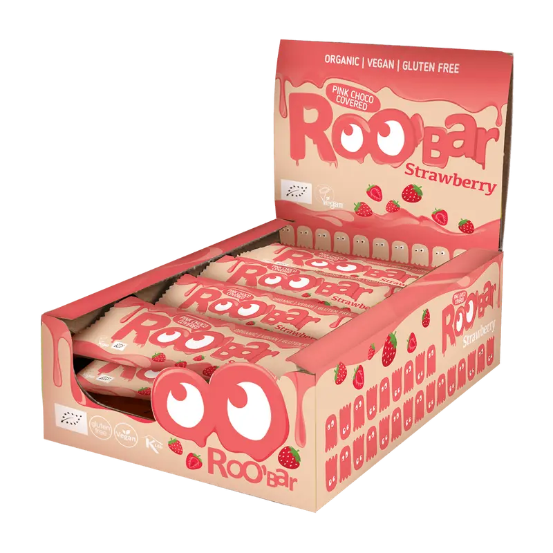 Bio Riegel mit rosa Schokolade und Erdbeeren
