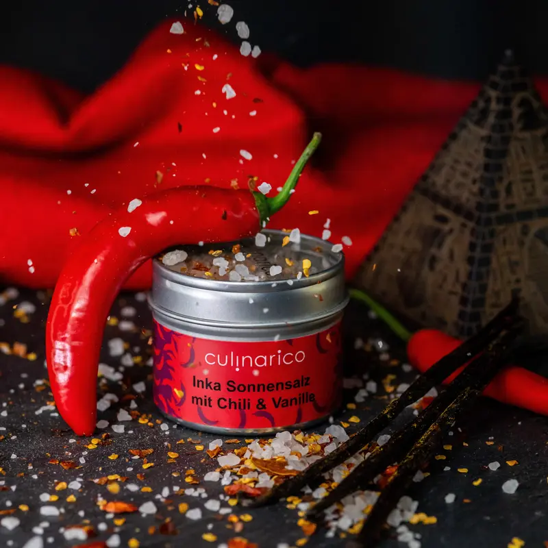 Chili Vanille Salz | Inka Sonnensalz mit Chili und Vanille, bio