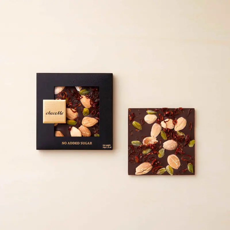 Chocome Zartbitterschokolade ohne Zuckerzusatz mit Chili+Pistazien+Mandeln, 50g