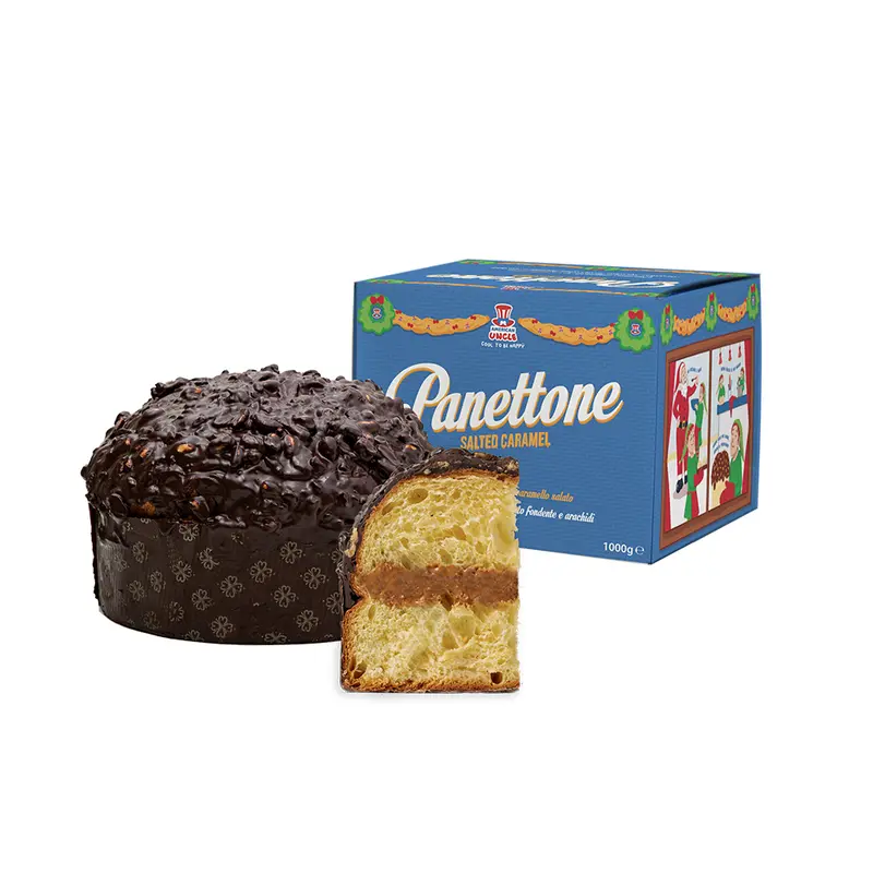 Der Panettone von American Uncle, handwerklicher Panettone gefüllt mit gesalzenem Karamell, überzogen mit Zartbitterschokolade und Erdnüssen von 1kg