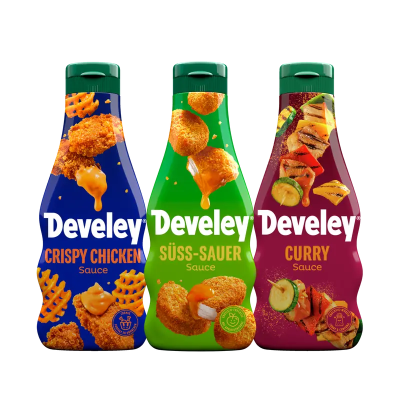 Develey Set mit Crispy Chicken Sauce, Süß-Sauer Sauce und Curry Sauce (3x 250 ml)
