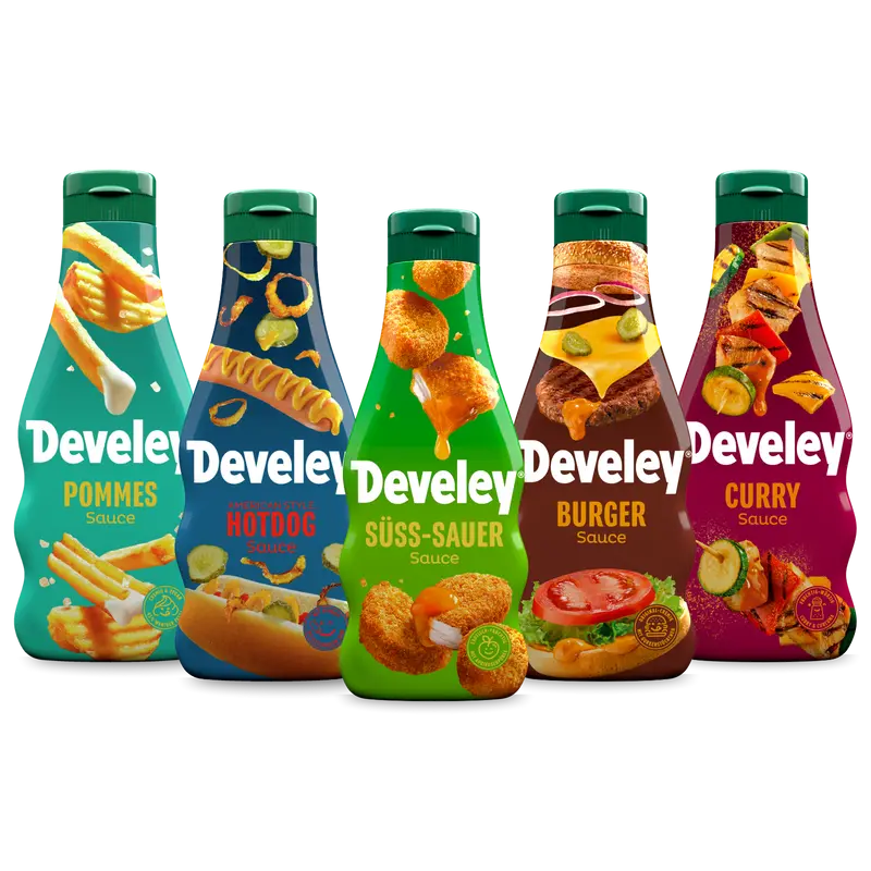 Develey Set mit Süß-Sauer Sauce, Burger Sauce, Pommes Sauce, Curry Sauce und Hotdog Sauce (5x 250 ml)