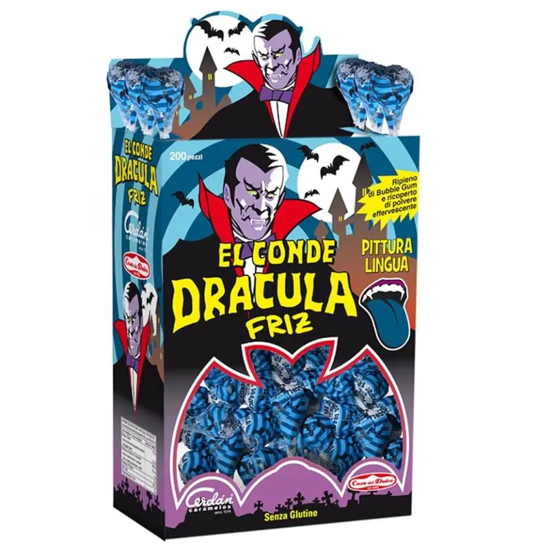 El Conde Dracula Lollipop Friz, Lutscher mit Kaugummi mit Waldfruchtgeschmack, 9 g (Packung mit 200)