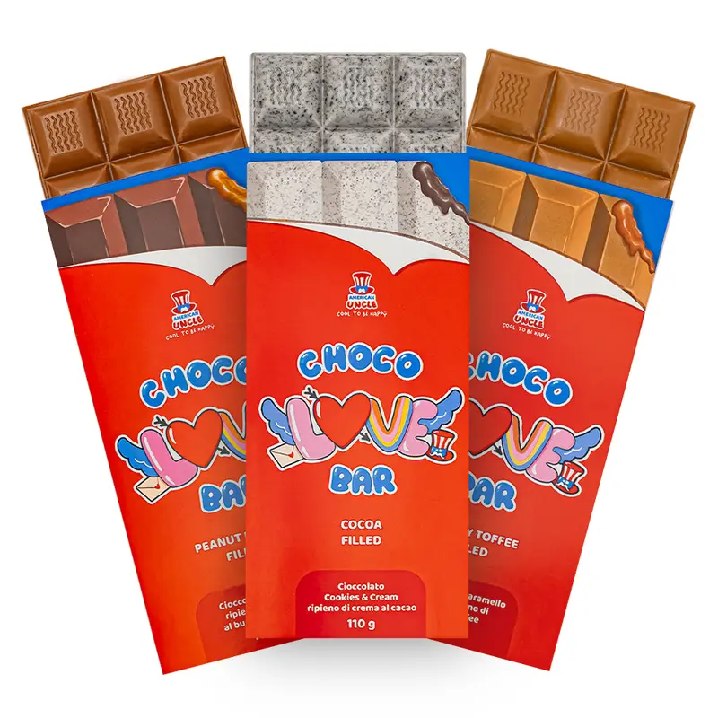Erdnussbutter gefüllter Choco Love Riegel + Cremiger Toffee gefüllter Choco Love Riegel + Kakao gefüllter Choco Love Riegel