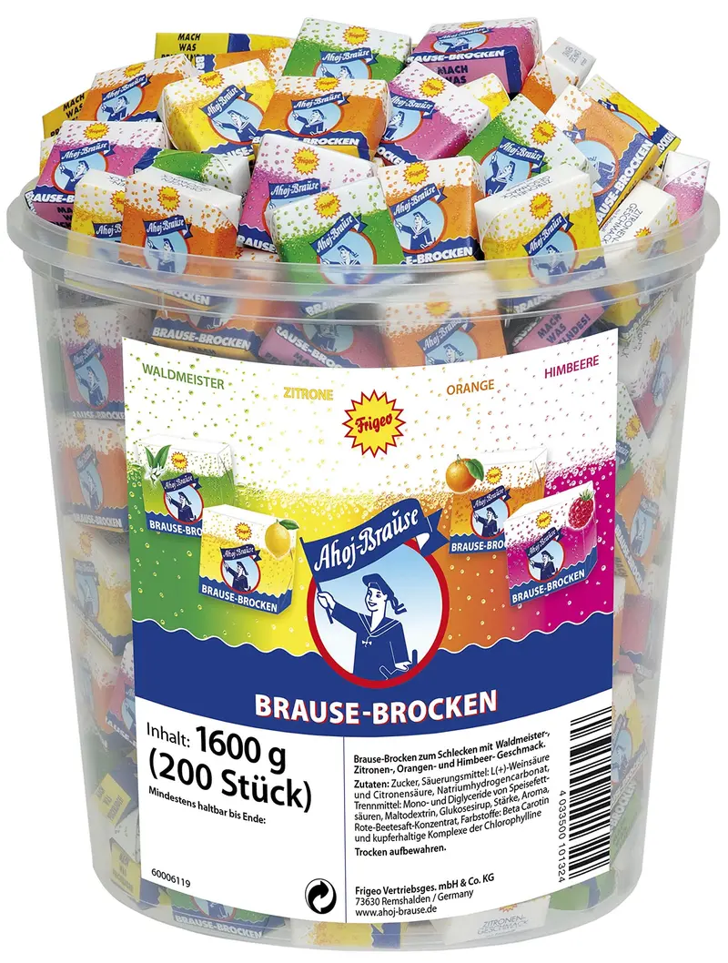 Frigeo Ahoj-Brause-Brocken, Brause-Würfel einzeln verpackt, 200 Stück im 1,6 kg Eimer