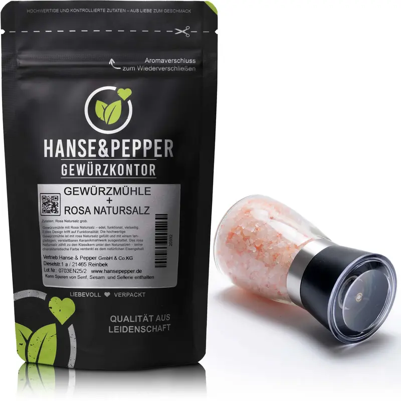 Gewürzmühle mit Keramikmahlwerk gefüllt mit 200g Rosa Natursalz