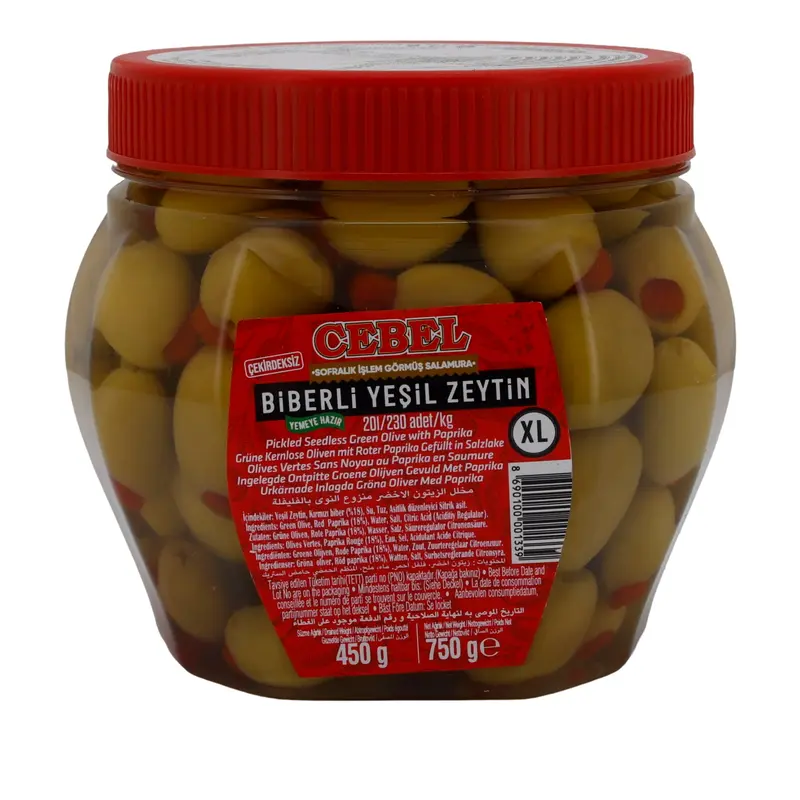 Grüne Oliven Cebel | Mit roter Paprika | Kernlos, in Salzlake | 750 g