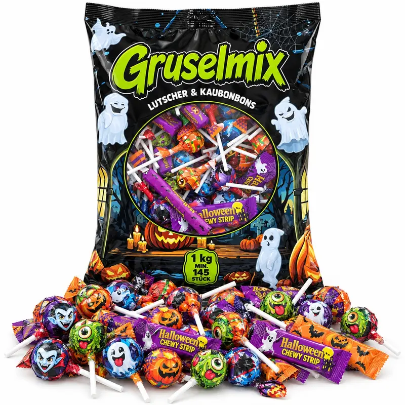 Gruselmix 1kg – Süße & Saure Lutscher und Kaubonbons – Halloween Süßigkeiten