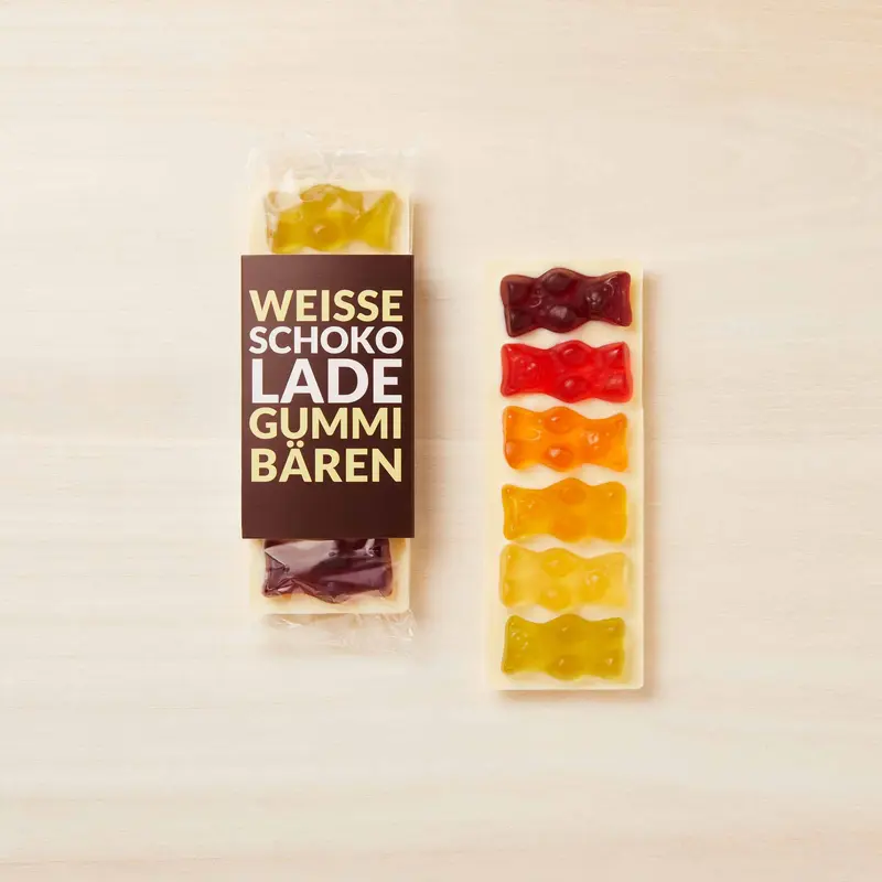 Handbelegte weiße Schokolade mit Gummibären