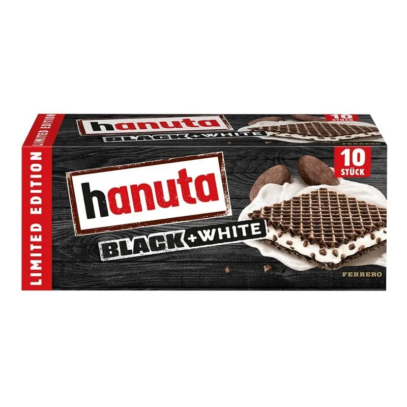 Hanuta Black&White, Packung mit 10 Schokoladenwaffeln mit Vanillecreme und Schokoladenstückchen