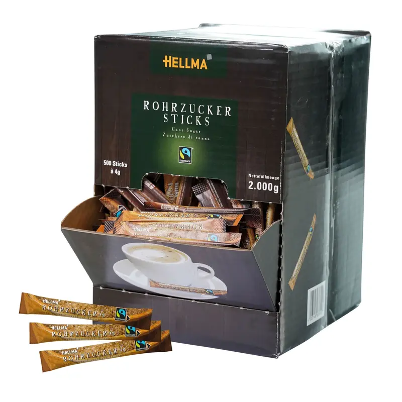 Hellma Fairtrade brauner Rohrzucker-Sticks 500 Stk. je 4 g - 2 kg