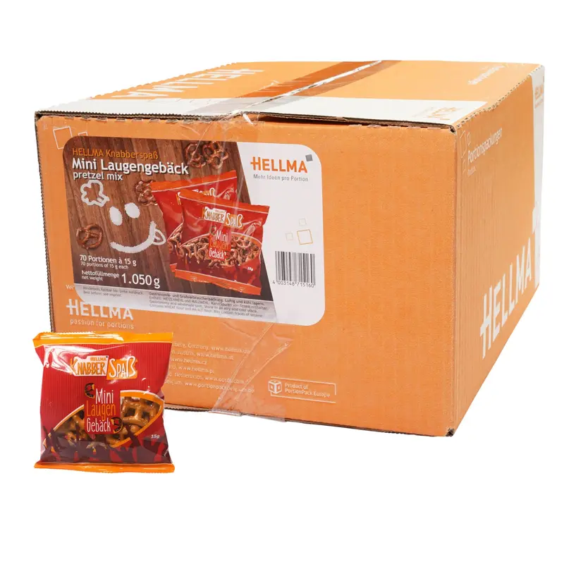 HELLMA Mini Laugengebäck – 70 Stk. Knabberei im Mini-Beutel je 15 g einzeln verpackt - salziger Snack-Mix in Vorrats-Box