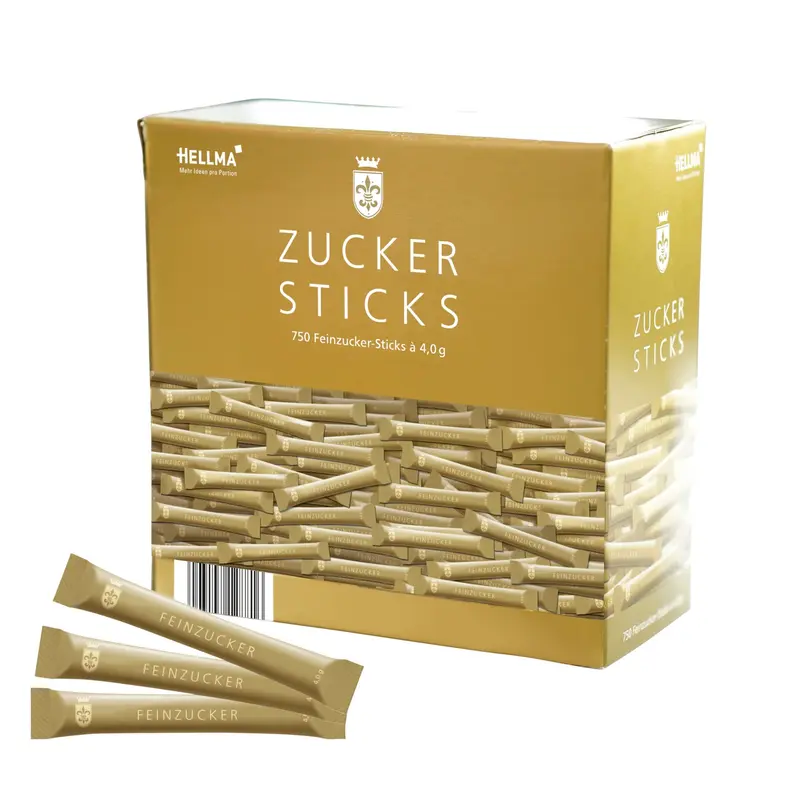 Hellma Zucker-Sticks Goldline 750 Stk. je 4 g - 3 kg Vorrats-Box - Zuckertütchen einzeln, für Kaffee oder Tee