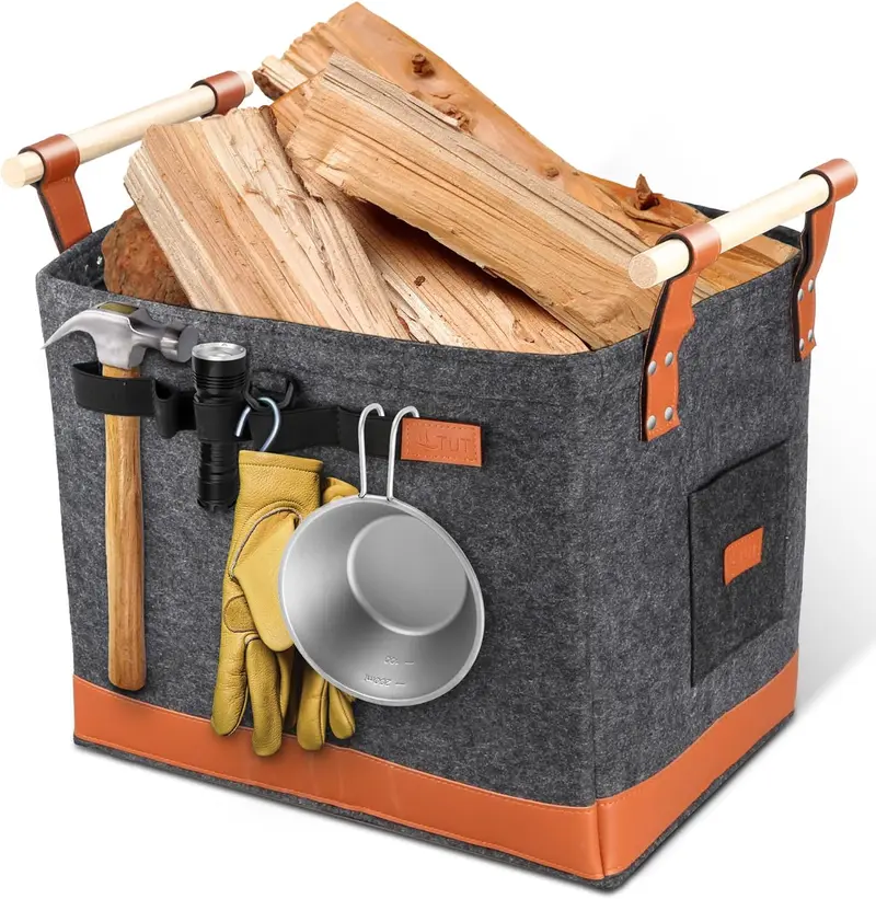 Holzkorb aus Filz für Kaminholz 50 L, Filztasche mit Extra Dicker Filz und Holzgriff