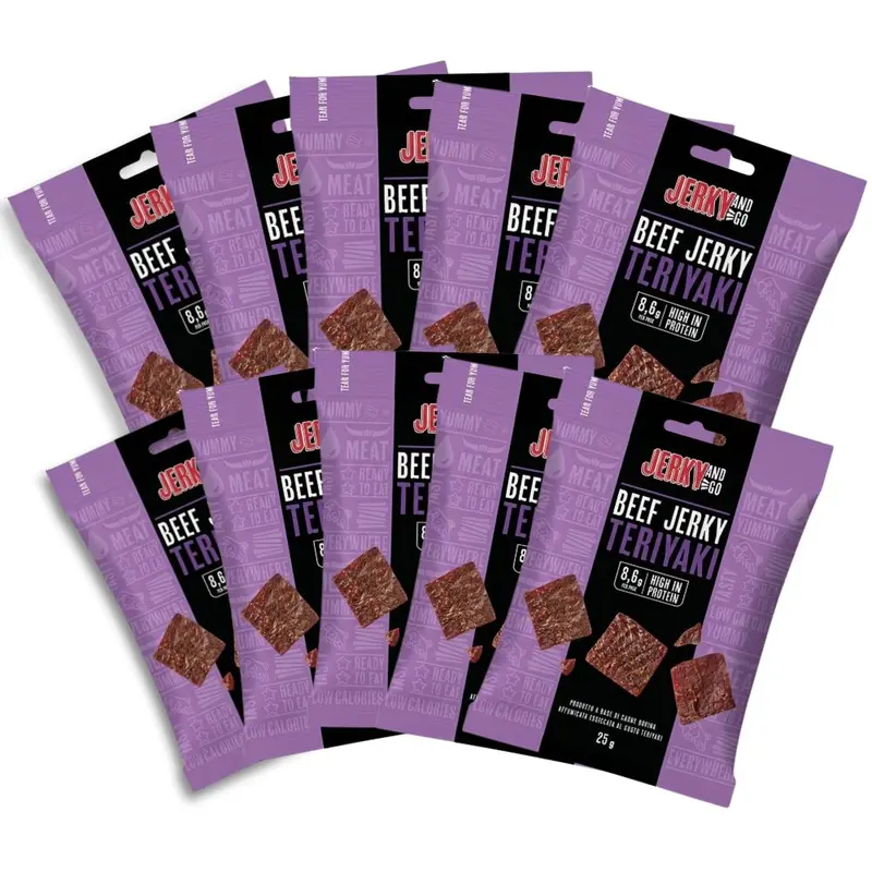 Jerky And Go Teriyaki Beef Jerky, snack getrocknetes und geräuchertes Rindfleisch mit Teriyaki-Geschmack, 25g (Packung mit 10)