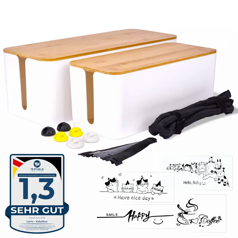 Kabelbox 2er Set mit Bambusdeckel weiß