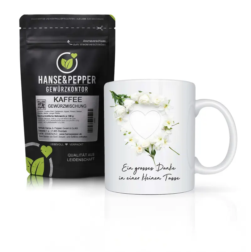 Kaffee Gewürz mit Blumen Herz Tasse – Das perfekte Geschenk zum Danke sagen