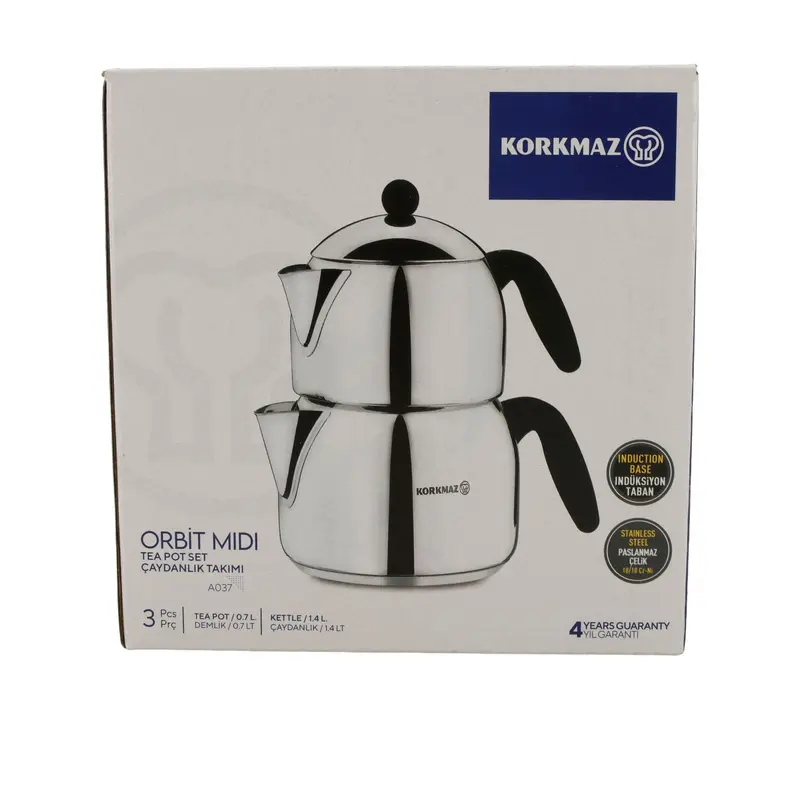 Korkmaz Orbit Midi Teekannen-Set – 3-teilig (0,7 L & 1,4 L) Edelstahl 18/10