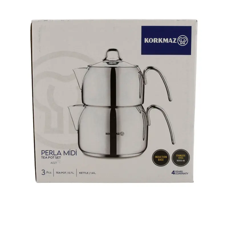 KORKMAZ Perla Midi Teekannen-Set 3-teilig (0,7 L + 1,4 L) – Edelstahl, induktionsgeeignet