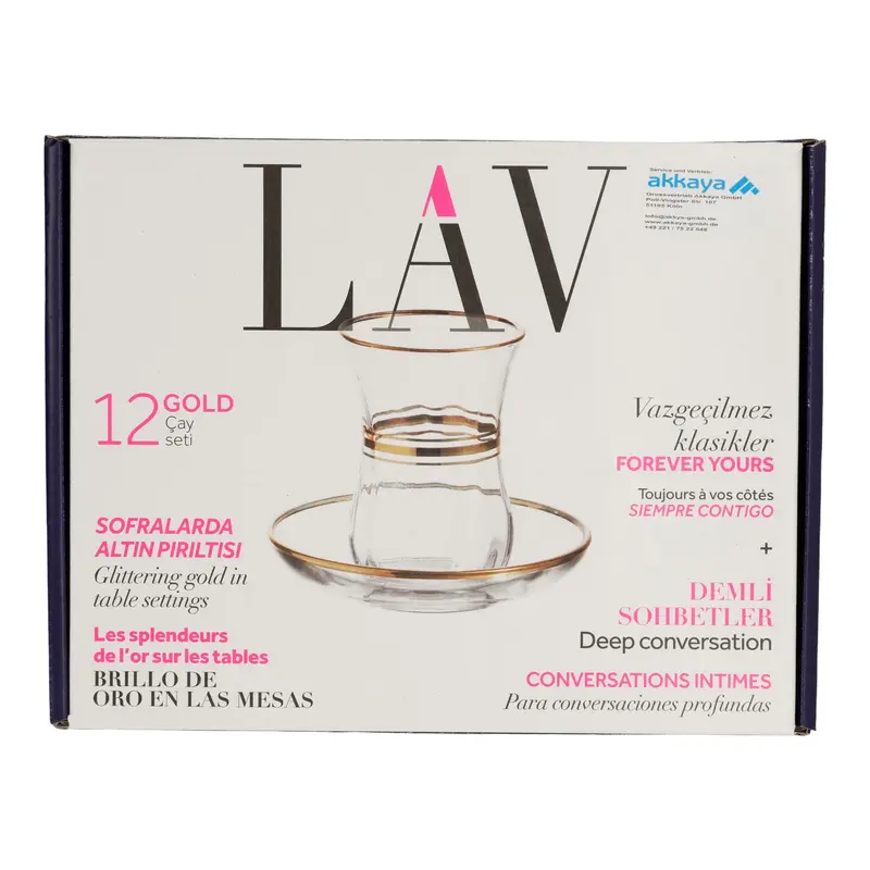 LAV Gold Çay Seti | Teeglas-Set mit Goldrand | 12-teilig (6 Gläser + 6 Unterteller)