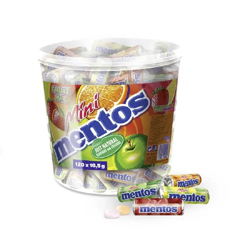 Mini Mentos | Aufbewahrungsbox mit Dragees | Eimer mit 120 Rollen Kaubonbons