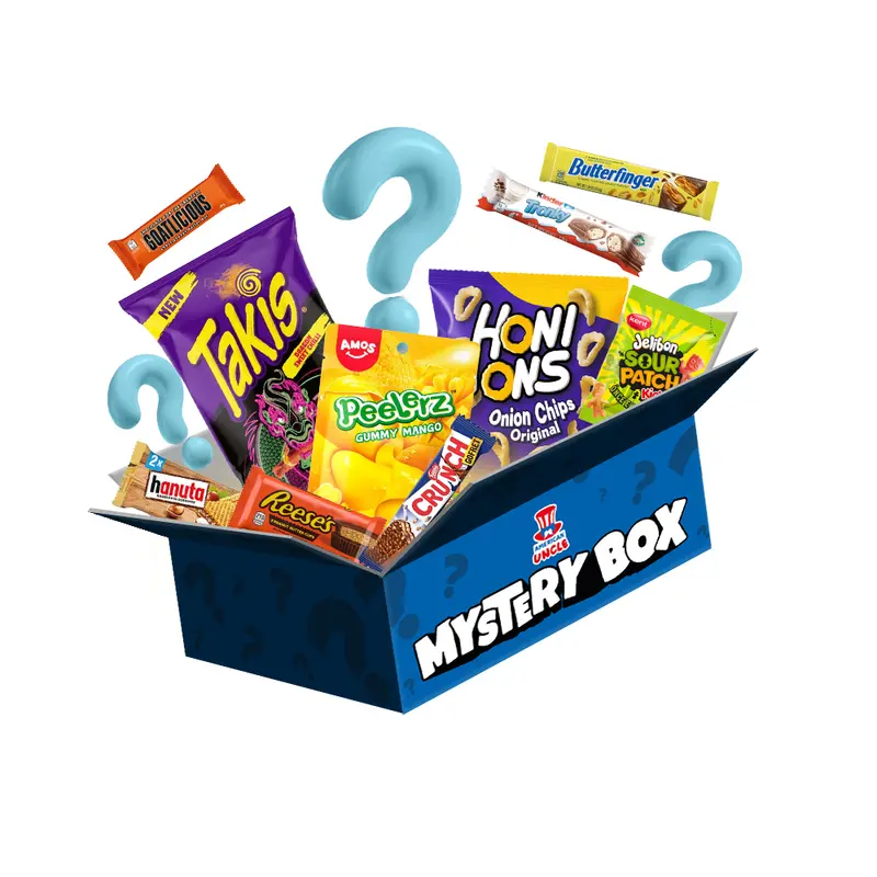 Mystery box mit 20 Produkten, Überraschungsbox mit snack Süßigkeiten, Snacks und Getränken aus aller Welt