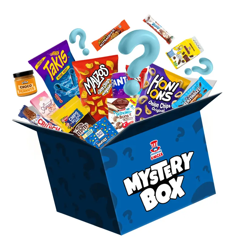 Mystery box XXL mit 80 Produkten, Überraschungsbox mit snack süßen, salzigen und Getränken aus aller Welt
