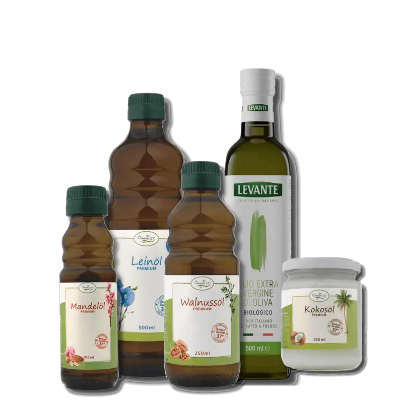 Öl-Bundle Groß (Leinöl / Walnussöl / Kokosöl / Olivenöl / Mandelöl)