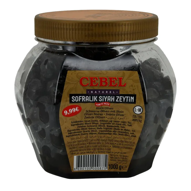 Oliven Cebel | Schwarze Oliven mit Stein | Naturbelassen, mediterran | 1000 g Glas