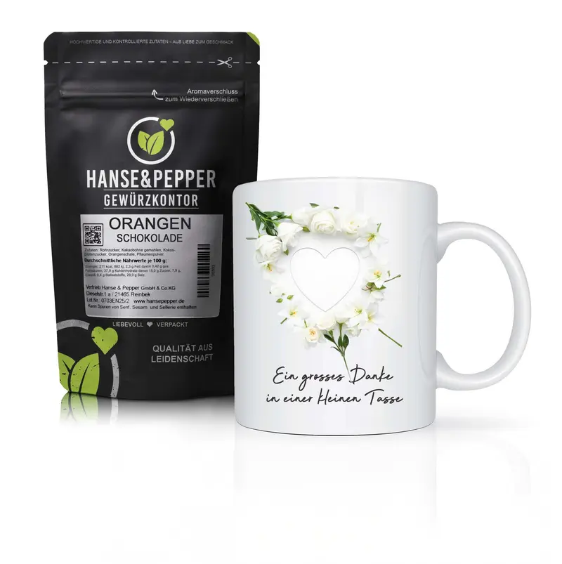 Orangen Schokolade mit Blumen Herz Tasse – Das perfekte Geschenk zum Danke sagen