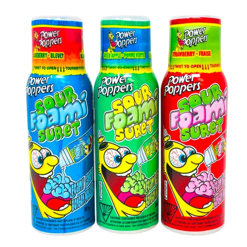 Power Poppers Candy Sour Foam, schaumiges Sprühbonbon mit überraschendem Geschmack zwischen grüner Apfel, Heidelbeere und Erdbeere, 88ml