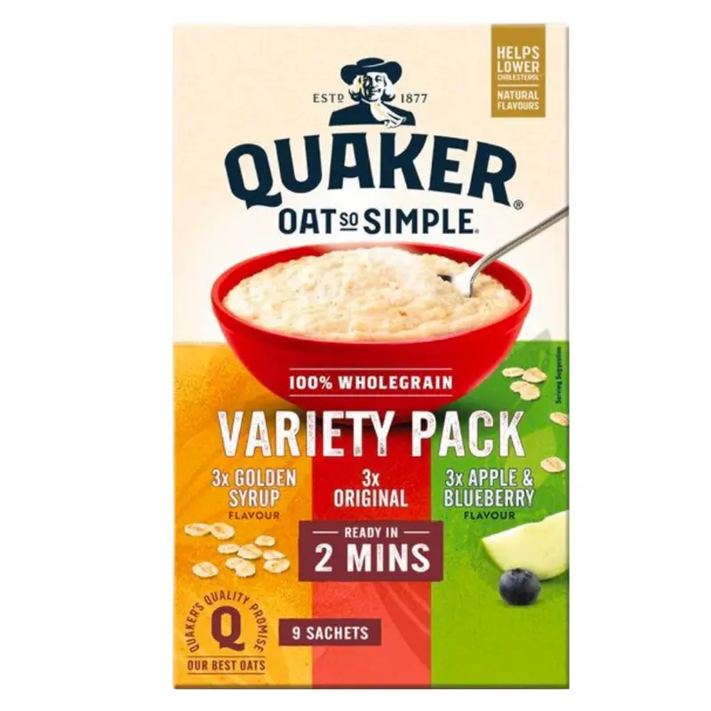 Quaker Oat so Simple Variety Pack, klassische Haferflocken, mit Karamell und mit Apfel und Heidelbeeren, 297g