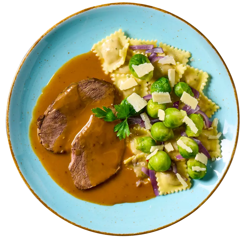 Rinderbraten mit Hirschravioli