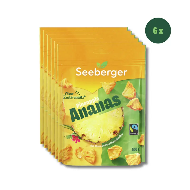Seeberger getrocknete Ananas ungezuckert Multipack – 6 × 100 g natürlich süßer Fruchtgenuss, Fairtrade aus Ghana