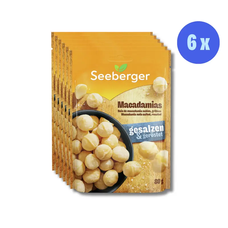 Seeberger Macadamia geröstet & gesalzen Multipack – 6 × 80 g, Premium Snack, reich an ungesättigten Fettsäuren