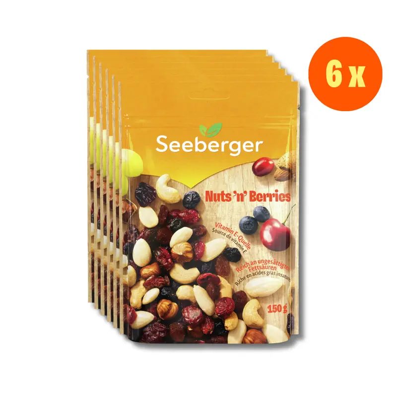 Seeberger Nuts ‘n’ Berries Multipack – 6 × 150 g, Snack mit Nüssen & Beeren