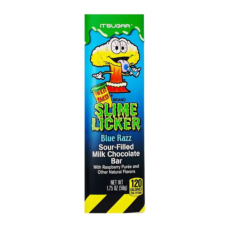 Slime Licker Schokoladenriegel und Blue Razz, Milchschokoladenriegel gefüllt mit saurer Himbeercreme 50g