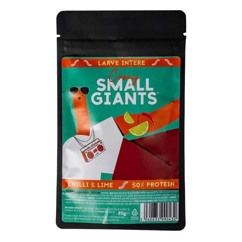 Small Giants Ganze Larven Chili Limette, getrocknete Mehlwürmer mit Chili- und Limettengeschmack 20g