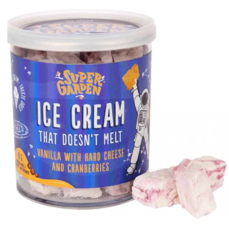 Super Garden Ice Cream Vanilla with Hard Cheese and Cranberries, gefriergetrocknetes Eis mit Vanillegeschmack mit gereiftem Käse und Preiselbeeren 40g