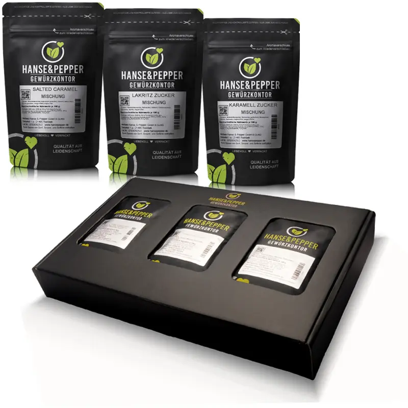 Süßes Topping Geschenk Box mit Salted Caramell, Lakritz Zucker und Karamell Zucker Mischung