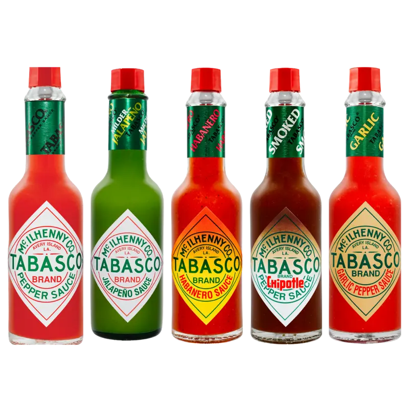 TABASCO® Original Red Sauce, TABASCO® Jalapeño Sauce, TABASCO® Chipotle Sauce, TABASCO® Habanero Sauce, TABASCO® Cayenne Garlic Sauce- 5x 60ml
