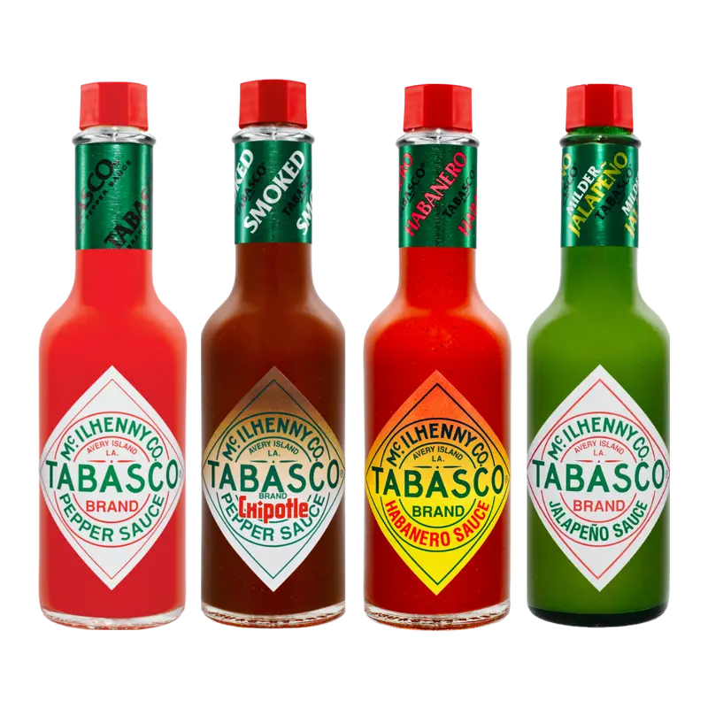 TABASCO® Original Red Sauce, TABASCO® Jalapeño Sauce, TABASCO® Habanero Sauce, TABASCO® Chipotle Sauce - 3x 150ml & 1x 148ml