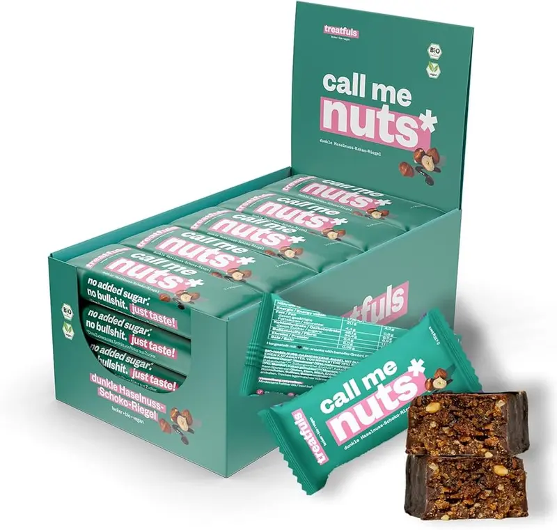 Treatfuls - Call me nuts - Dunkle Schoko-Haselnuss-Cashew Riegel - Vegan & Bio, 20x40g